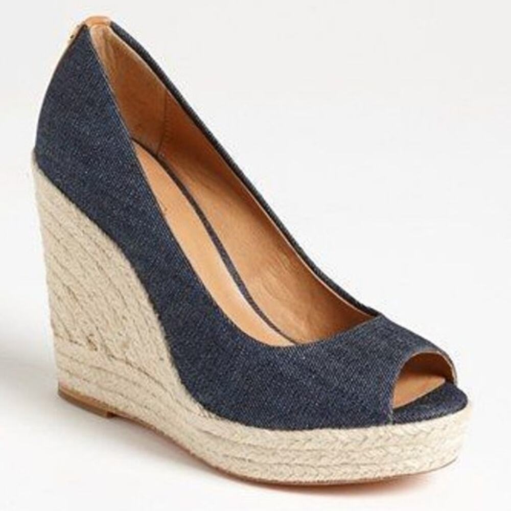 COACH Women's Blue Denim Wedge High Heels Espadrilles Peep Toe Shoes Sz 8B